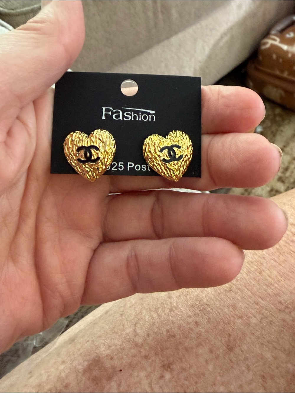 Gold Heart Stud Earrings with Black Accent, fashion jewelry - Picture 3 of 8